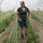 Farm manager and owner, Meghan Hastings, walks between rows of sugar snap peas in a hoop house.